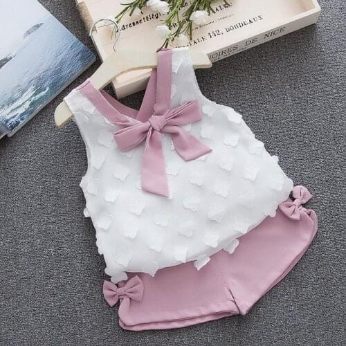 Biobella Girls Set Summer Children Clothing Sets White Chiffon Decor Sleeveless Tops+Short Pants 2pcs Clothing Set for Girl