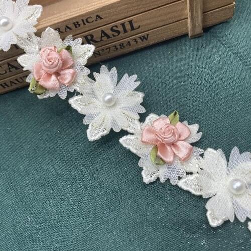 1 Yard 4.5CM Beige 3D Rose Flower Embroidered Appliques Dress Trim Ribbon Fabric Sewing Lace Craft Women Wedding Decoration