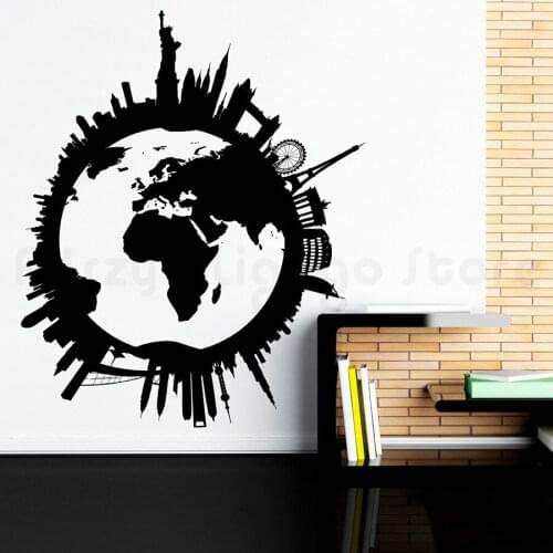 Mapa świata naklejka globus podróży ściany naklejki miasta Skyline Scape naklejki salon sypialnia ścianie biura ozdoby do H743