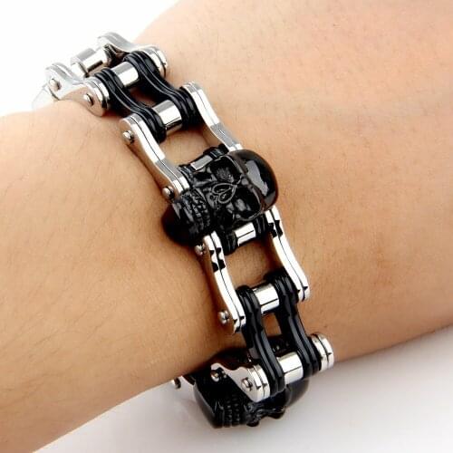 Fashionable bike Black skull titanium steel bracelet with 316 stainless steel bracelet