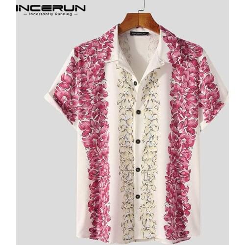 INCERUN 2021 Men Shirt Flower Print Lapel Short Sleeve Button Breathable Summer Hawaiian Shirts Streetwear Casual Camisas S-5XL