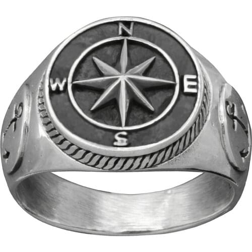 Mens Stainless Steel Compass Sailor Ring Navy Anchor Nautical Rings Mens Punk Biker Jewelry