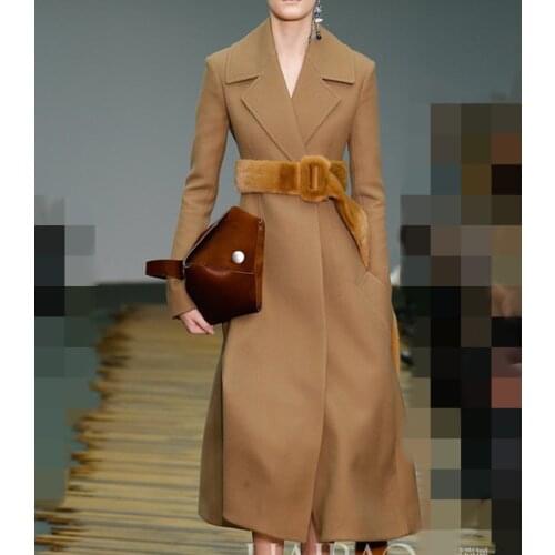 New Designer Women Winter Wool Long Coat Fashion Camelturn-Down Collar Warm Coat J020