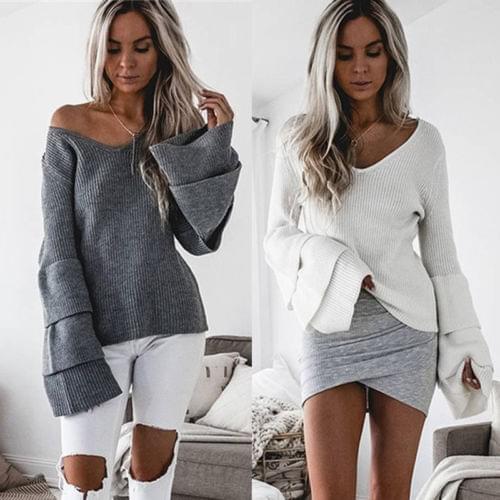 New Sweater Casual Loose Long Sleeve Flare Sleeve One Size Women V-neck Knitwear Pullover Jumper Tops