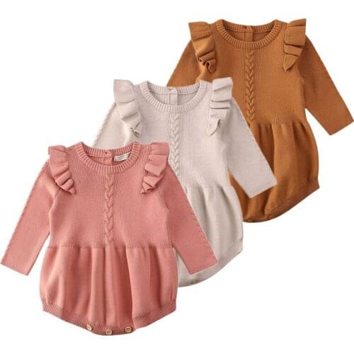 Autumn Winter Infant Newborn Baby Girls Knitted Sweater Bodysuit Long Sleeve Solid Ruffled Jumpsuit Outfit Set 0-3T