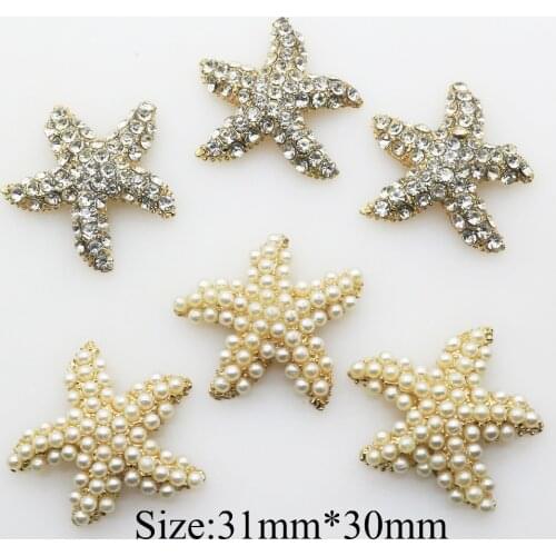 30mm 5Pcs/lot Starfish Pearl Crystal Rhinestone buttons Metal Embellishment Flat back rose gold plating Girl Diy hiar accessory