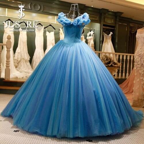 Jusere Custom Real Picture Cinderella Blue Ball Gown Dresses Embroidery Puffy Floor-length Gown High End Evening Dresses
