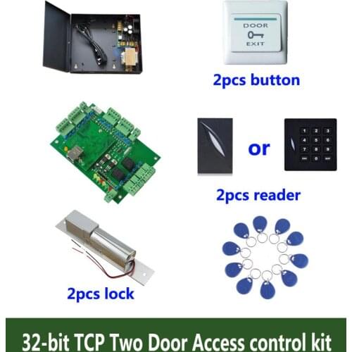RFID card 32-bit access control kit,TCP two door access control+powercase+bolt lock +ID reader+exit button+10 ID tag,sn:kit-T202