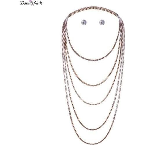 Banny Pink Elegant Layer Rhinestone Long Chain Rope Necklace For Women Free Wear Crystal Chain Choker Collar Fashion Jewelry