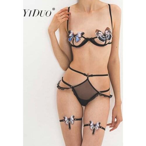 YiDuo Sexy Butterfly Lingerie Hollow Out Bra And Party Set Women Underwire Underwear 3 Piece Set Black Mesh Lingerie Transparent