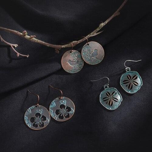 Bohemian printing bird Drop Earrings Vintage Ethnic Bronze flowers hollow Earrings for Women Round Hanging Earrings Boho Jewelry