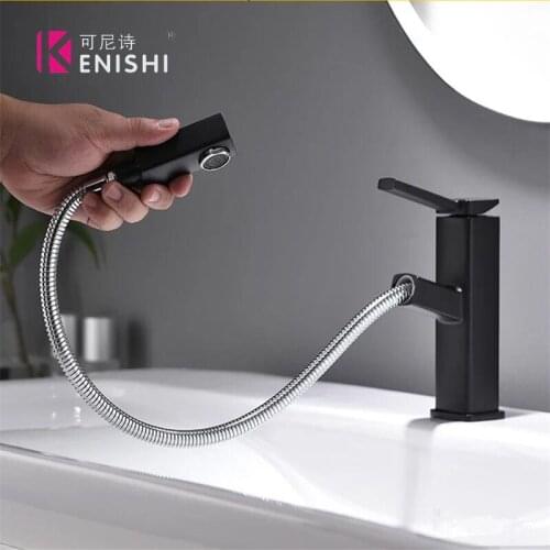 KENISHI Black full copper pull type face basin faucet lavatory basin faucet new cold hot bathroom faucet