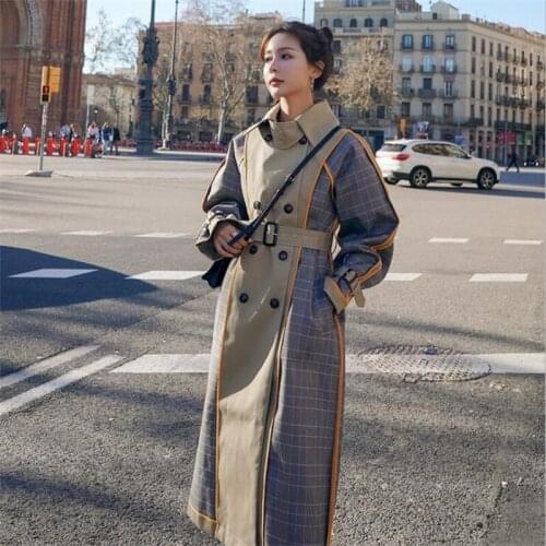 Double-sided trench coats womens windbreaker mid-length plaid stitching clothes 2021 new spring and autumn loose long coat