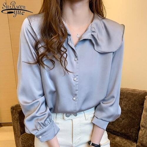 Sweet Vintage Ruffled Silk Shirts 2021 Autumn New Long Sleeve Womens Shirts Solid Loose Womens Tops and Blouses Cardigan 10690
