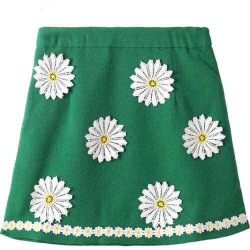 Green Girl Skirt with Stitched Daisy Flower Trimming Elastic Big Kid Outfit Casual Fresh Size 3 5 7 9 11 Years Old