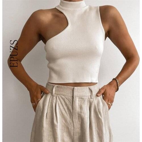 Fashion Irregular Off Shoulder Vest sweater women Knitted Shirt casual sleeveless white Top Streetwear 2021 summer