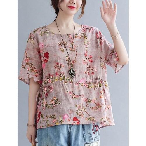 Women Cotton Linen Casual T-shirts New Arrival 2021 Summer Vintage Style Floral Print Flare Sleeve Loose Female Tops Tees S3921