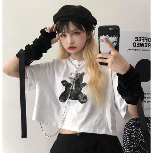 Women Gothic Crop Top T Shirt Ulzzang Korean Style Tshirt Short Tee Harajuku Summer Clothes Sexy Goth Punk Clothing Croptop