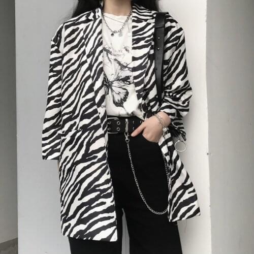 Women Summer Zebra Pattern Suit Jackets 2021 High Fashion Streetwear Loose Clothes Office Ladies Black and White Striped Blazers