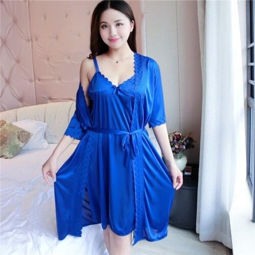 2020 Summer 2PCS Silk Satin Sexy Lace Lingerie Nightgowns Robes Sets for Women Bathrobe Sleepwear Nightdress Night Dress Nighty