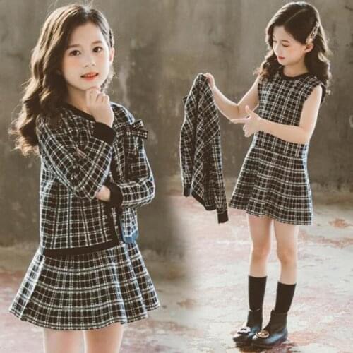 IENENS Girls Dress Winter Long Sleeve Sweater Coat + Plaid Dress Sweaters Knitwear 2pcs Girls Wedding Wear Party Clothes