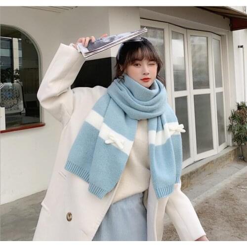 Winter Scarf Women Solid Cashmere Knitted Pashmina Long Bow Thick Shawls Wraps Female Warm Foulard Neck Scarves