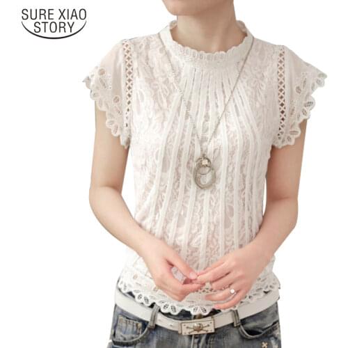 2017 Ladies White Lace Blouse Short Sleeve Women Tops Elegant Patchwork Crochet Women Shirt Plus Size Blusa 01C 20