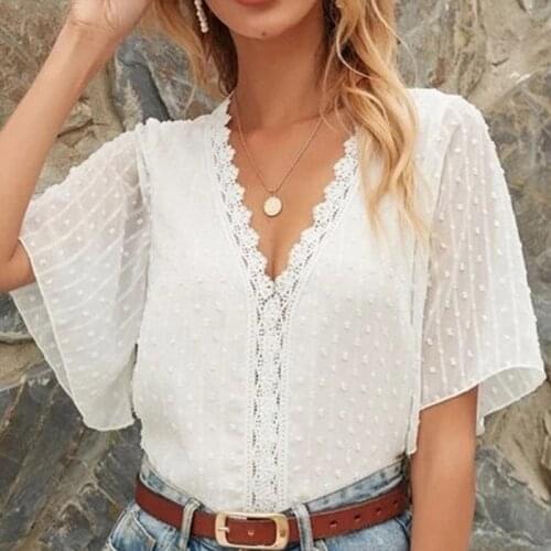2021 Summer Lace Womens Chiffon T-shirt V-neck Lantern Half Sleeve Patchwork Female White T-shirts Solid Casual Lady Top