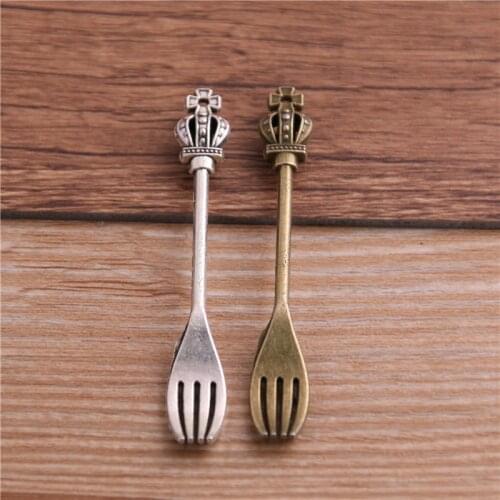 8PCS 8*60mm Two Colors Fashion Vintage Crown Fork Tableware Pendants Charms For Jewelry Making Charm