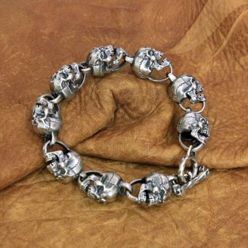 925 Sterling Silver Huge Skull Bracelet Mens Biker Rock Punk Chain TA220