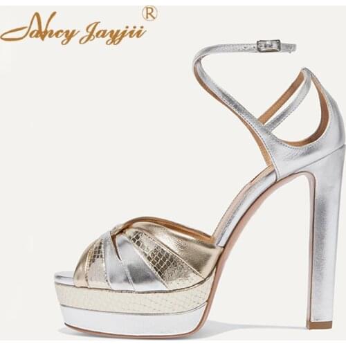 Platform Heels Ankle Strap Sandals Mixed Colors Silver Golden High Heel Pumps Shoes for Women Peep Toe Casual Plus Size 45 16