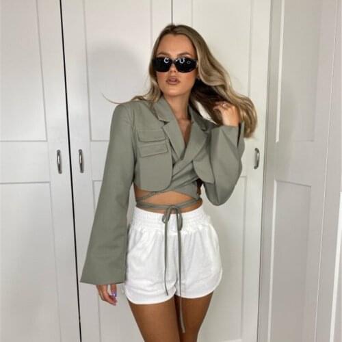 Black Double Layer Lace Up Coat Blazer Slim Women Gray Long Sleeve Pocket Short Jacket Suit Collar Female Outwear Clothes 2021