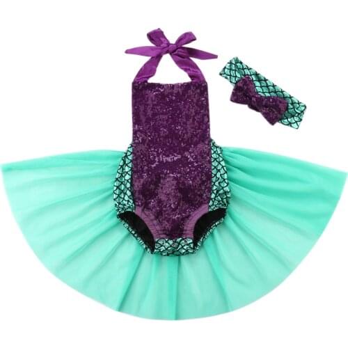 Infant Baby Girl Little Mermaid Sequin Tulle Bodysuit Cute Sleeveless Jumpsuit Outfit Set Summer