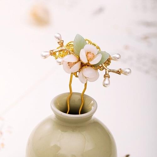 FORSEVEN Simple U Shaped Hairpins for Women Girl Hanfu Dress Flower Leaf Pearls Hair Fork Sticks Clips Headpieces Hair Ornaments