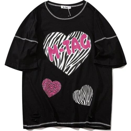 American high street hip hop print T-shirt loose street love Stripe Print reverse Short Sleeve Tee for men and women