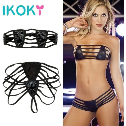 IKOKY 2 piece/set Sexy Lingerie Bikinis Patent Leather Beach Bikini Bra +G-String Sexy Set Adult Products