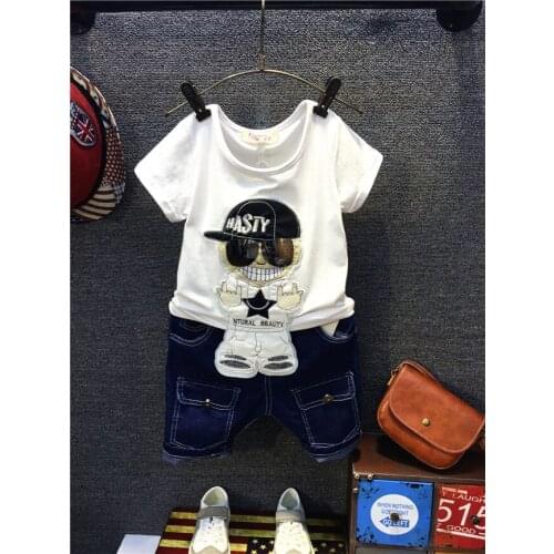 2 3 4 5 6 Years Toddler Boys Clothing Set Fashion Cartoon Short Sleeve T-Shirt Denim Shorts 2pcs Kids Tracksuit Summer 2019