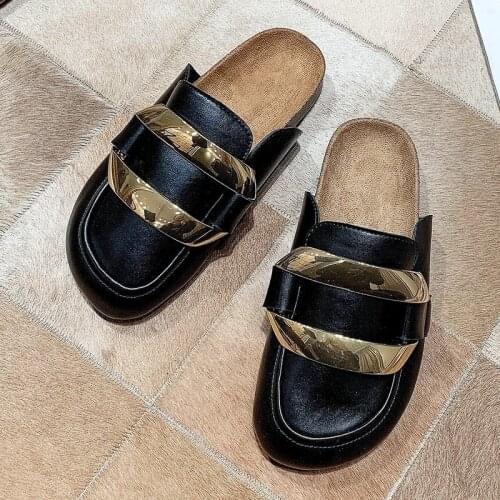 Cover Toe Low House Slippers Platform Shoes Rivet Slides Slipers Women Female TGHDOF 2021 PU Metal Decoration Rubber