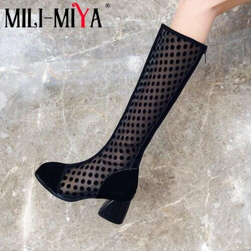 MILI-MIYA Summer Comfortable Med Heels Knee-High Cool Boots Round Toe Party Shoe Zipper Pumps Big Size 34-46 Handmade For Ladies