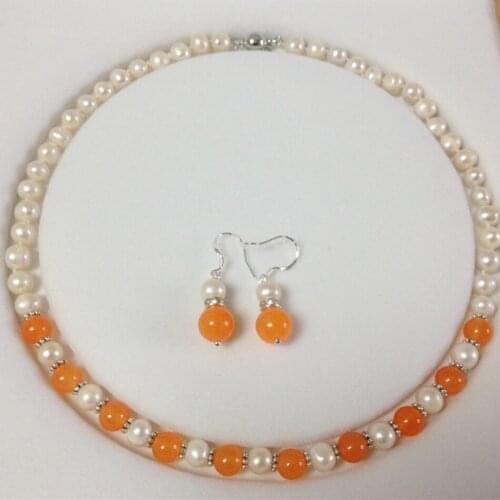 Fashion natural white cultured charms pearl orange chalcedony jades round beads chain stradnd necklace earrings set 18inch BV112
