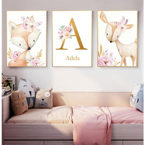 Flowers Poster Nordic Wall Pictures Girl Baby Room Decor Woodland Animal Print Nursery Canvas Painting Custom Name Wall Art Pink