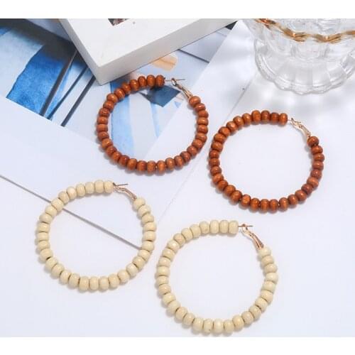 Cheap Exquisite geometric earrings ladies everyday earrings hand-woven wooden beads round earrings