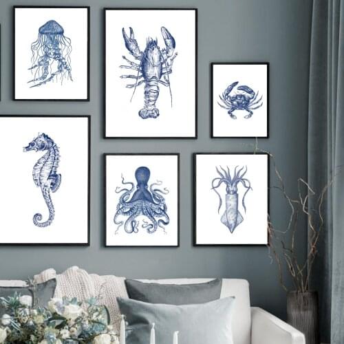 Ocean Life Octopus Jellyfish Seahorse Blowfish Wall Art Print Canvas Painting Nordic Poster Sea Beach Decor Pictures Living Room