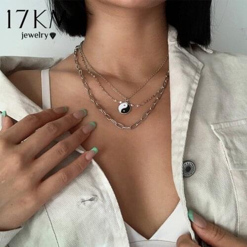 17KM Hiphop Silver Color Yin Yang Chain Necklace For Women Men Multilayered Black White Choker Necklaces Party Jewelry