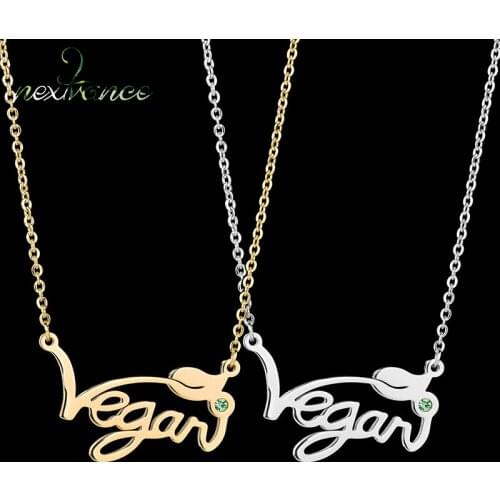 Nextvance Vegan Leaf Green Rhinestone Pendant Necklace Vegetarian Symbol Stainless Steel Jewelry for Women Men Gift