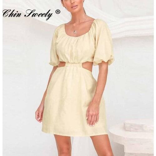 Summer Cotton A Line Mini Dress Women Puff Short Sleeve Hollow Waist Dresses Female 2021 Holiday White Sexy Lady Dress Clothing