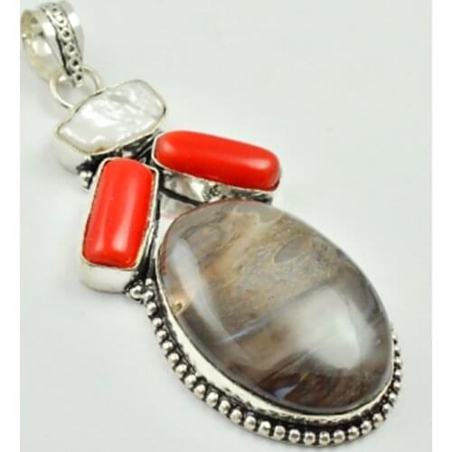 Turtella Jaspers & Coral Pendant Silver Overlay over Copper , 75 mm, P3013