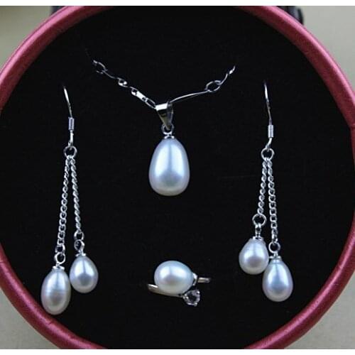 HOT CHEAP Real Natural Freshwater Pearl Jewelry Set, Necklace Ring Earrings Set for Women Bridal Wedding Jewellery Set