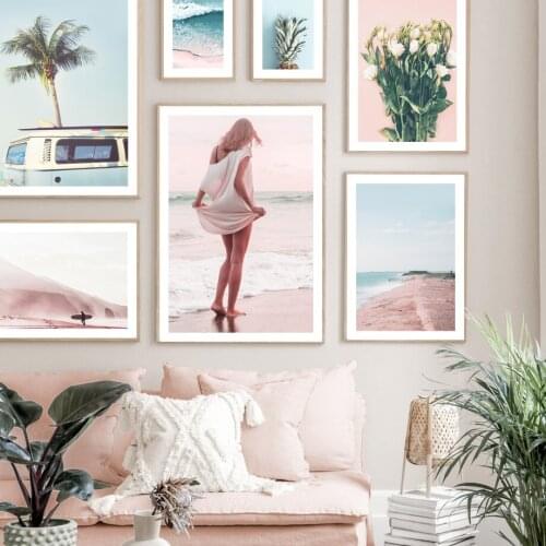 Pink Beach Beauty Coconut Tree Pineapple Tulip Wall Art Canvas Painting Nordic Posters And Prints Wall Pictures For Living Room