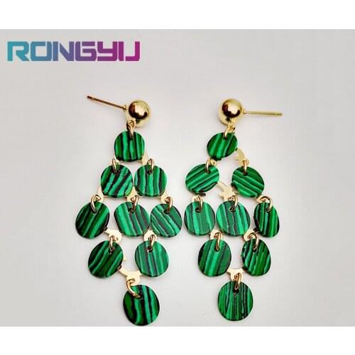 Fashion Dynamic Malachite Earrings Gold Plated Exaggerated Geometry Aesthetic Tassel Ear Studs for Women National Style Jewelry